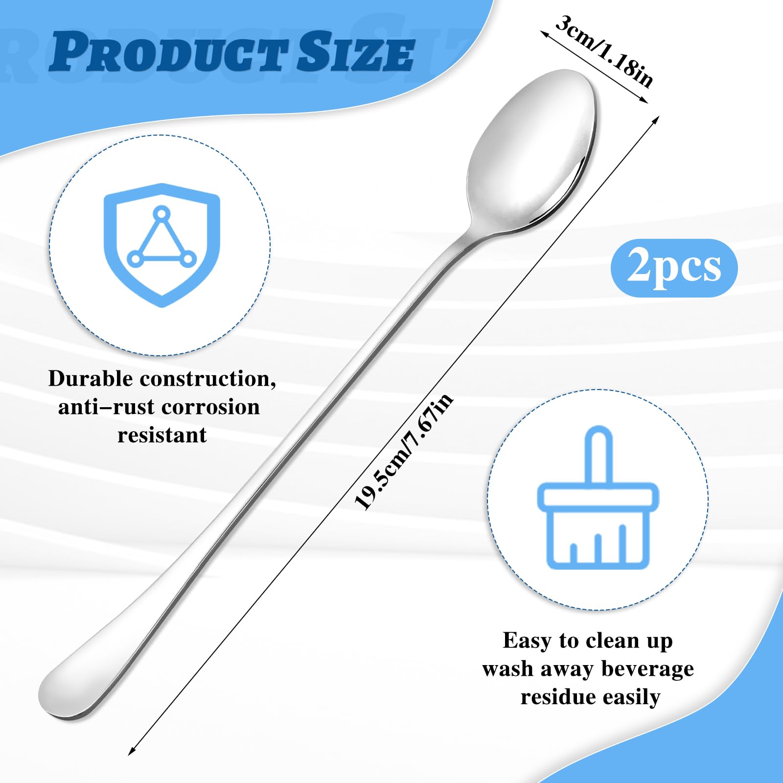 2 PCS Ice Tea Spoons Long Stainless Steel Drink Mixing Spoons Silver Coffee Spoons Long Handle Ice Cream Spoon Cocktail Mixing Spoons for Coffee Dessert Shakes