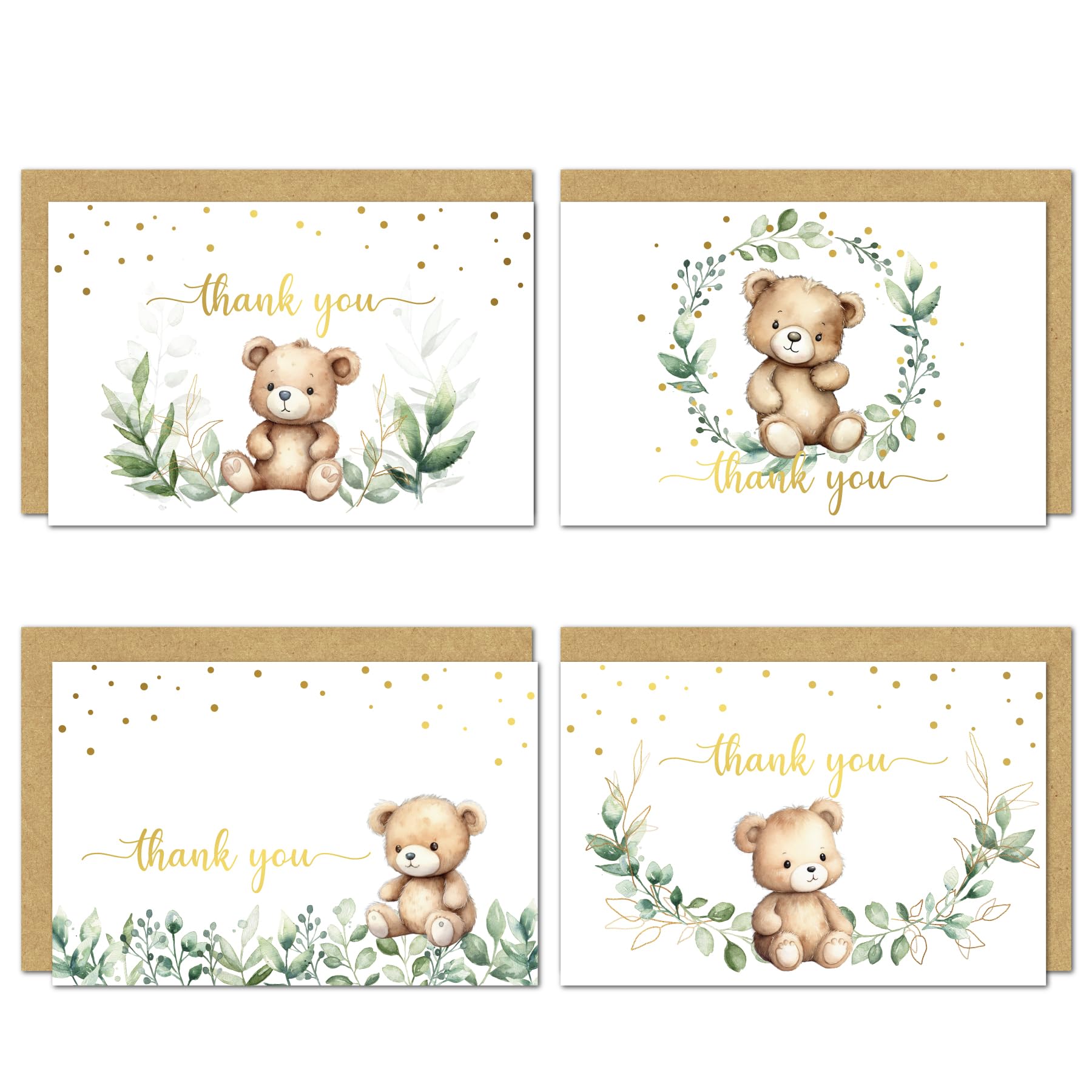 4x6 Greenery Teddy Bear Thank You Cards (Bulk 20-Pack) Baby Shower Thank You Cards with Envelopes, Birthday Party, Weddings, Greeting, Blank Notes, Girl Boy, Gold, Rustic, We can bearly wait