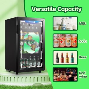 WANAI Beverage Refrigerator Cooler 3.5 Cu.Ft, 120 Can Mini Small Fridge with Glass Door LED Light and Adjustable Shelves for Soda Beer or Wine, Perfect for Home Bar Office, Black