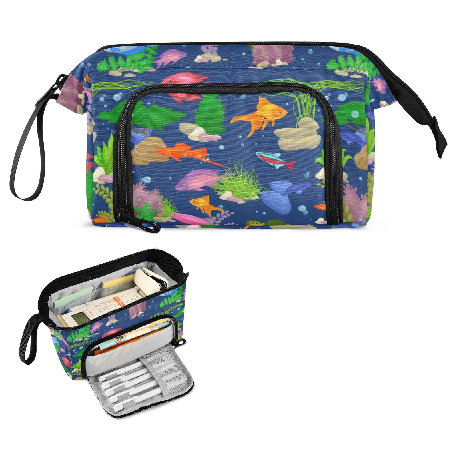 PJGINUIUA Pencil Case School Supplies Pouch, Ocean Fish Nylon Handheld Pen Bag Big Makeup Bag for Teen Boys Girls School Students