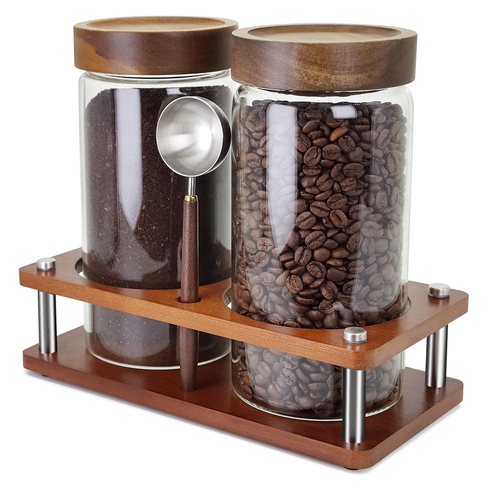 Venuekkuri Glass Coffee Grounds Container with Shelf, 2 × 45 oz Glass Coffee Canisters with Airtight Thread Lid, Glass Storage Jars with Stainless Steel Spoon for Coffee Bean, Sugar,Nut