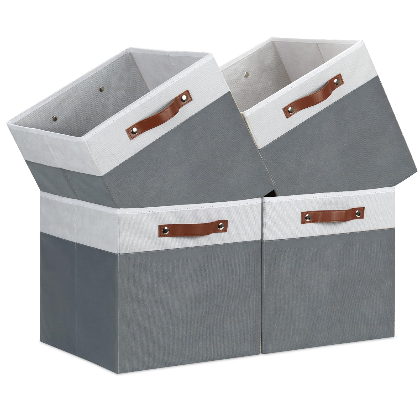 Temary Cube Storage Bins 4Pack Foldable Cube Baskets for Clothes Shelf Storage Basket with Handles, Storage Box Fabric Storage Organizer Bins for Home (White&Grey, 13x15x13 Inch)