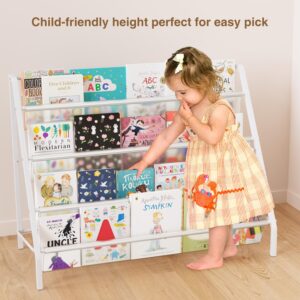 High-Transparent 4 Tier Kids Bookshelf, Sturdy Metal Large Size Book Rack Storage for Kids - Toddler Book Shelf Display for Nurasery, Playroom or Kids Room, Deep Size Bookshelf Hold More Books