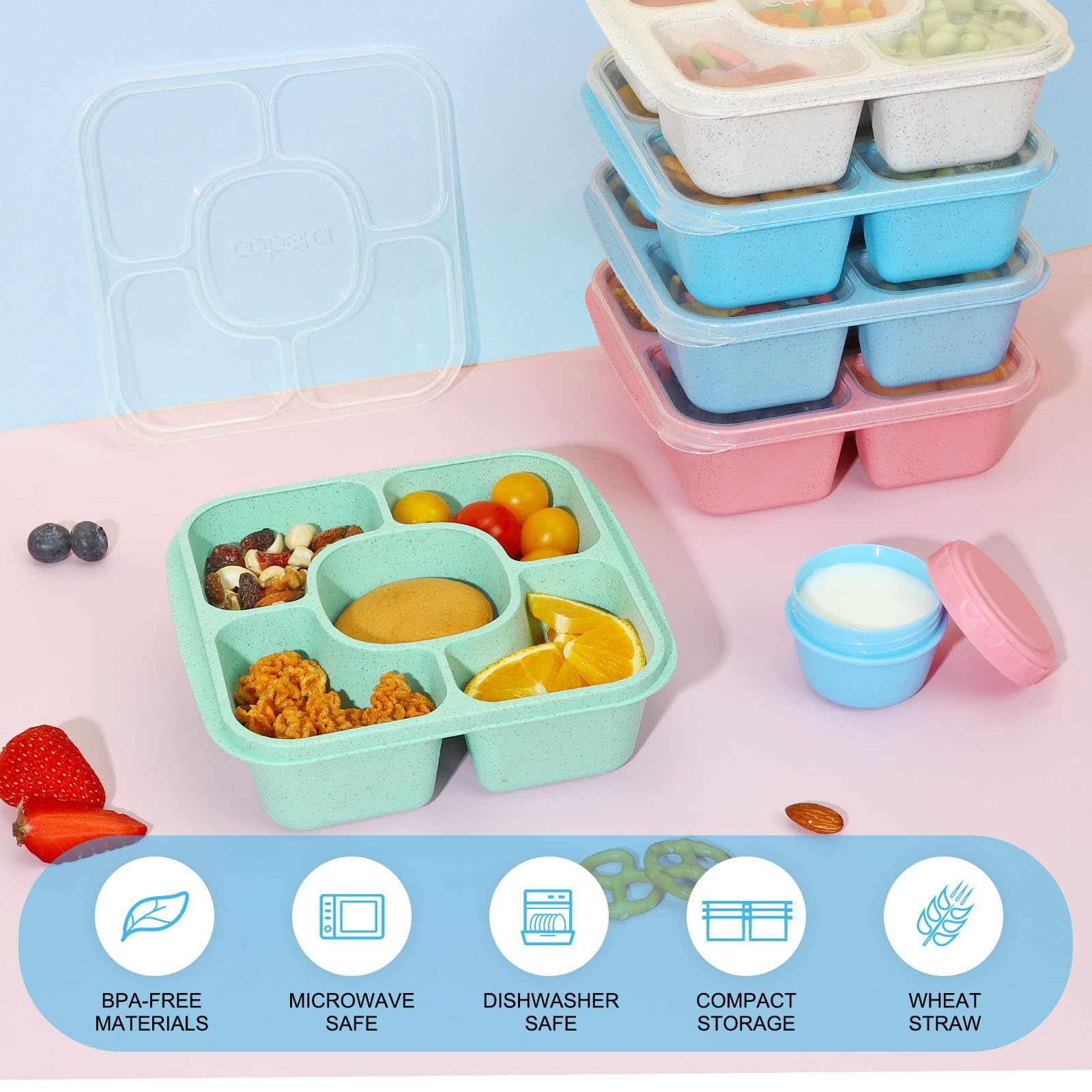 FANCILLA 5 Pack Bento Snack Boxes with 5 Compartments & 4 Leakproof Sauce Containers - Reusable Lunchable Snack Containers, Divided Stackable for School, Work, and Travel (Classic)