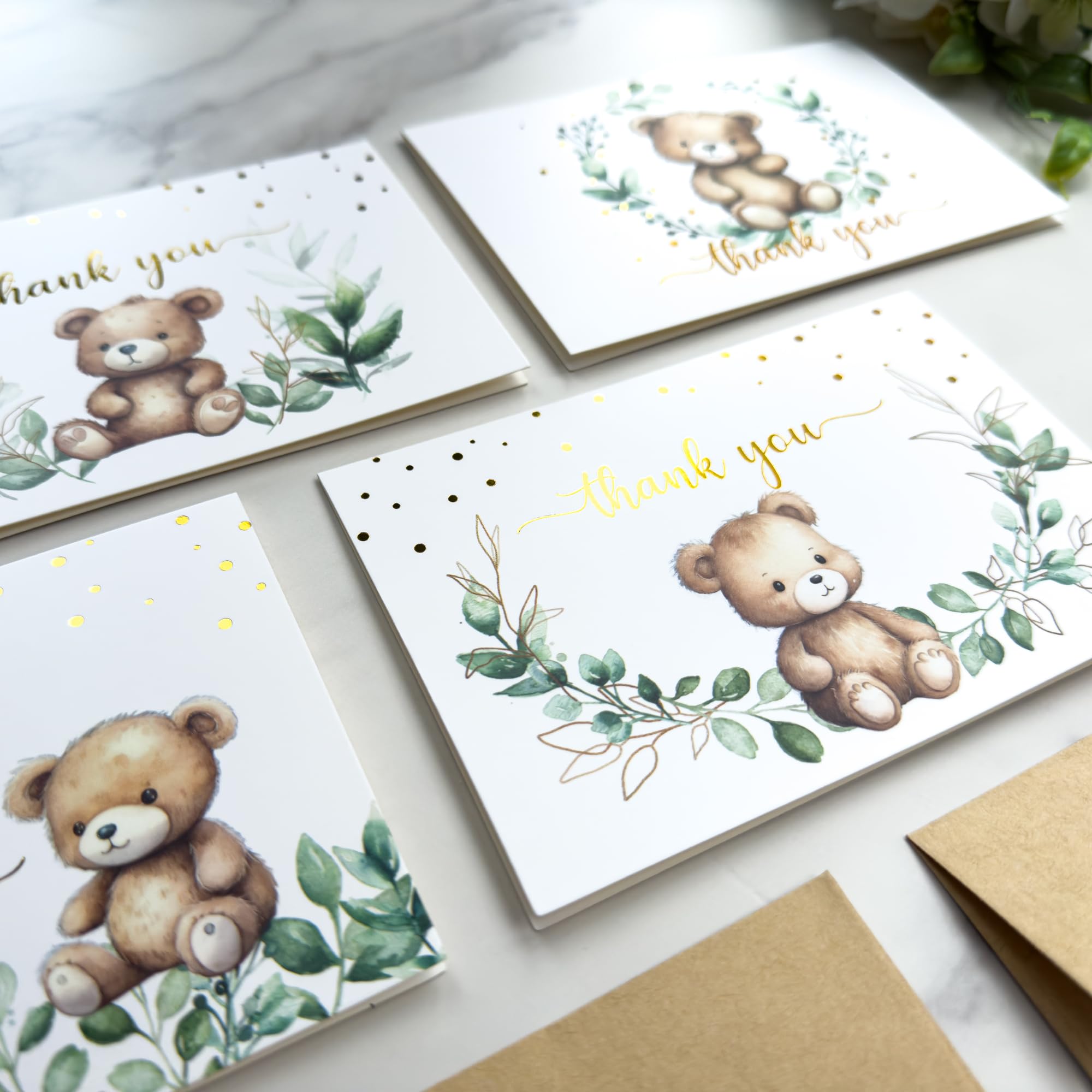 4x6 Greenery Teddy Bear Thank You Cards (Bulk 20-Pack) Baby Shower Thank You Cards with Envelopes, Birthday Party, Weddings, Greeting, Blank Notes, Girl Boy, Gold, Rustic, We can bearly wait