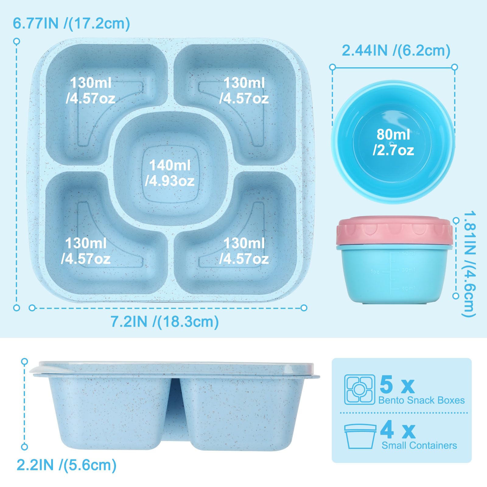 FANCILLA 5 Pack Bento Snack Boxes with 5 Compartments & 4 Leakproof Sauce Containers - Reusable Lunchable Snack Containers, Divided Stackable for School, Work, and Travel (Classic)