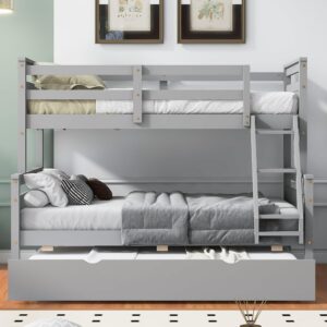 Merax Twin Over Full Bunk Bed with Trundle, Ladder & Safety Guardrail, Wooden Bunk Bed Frame for Kids Adults Teens Bedroom, Convertible to 2 Separated Beds, No Box Spring Needed, Easy Assembly, Grey