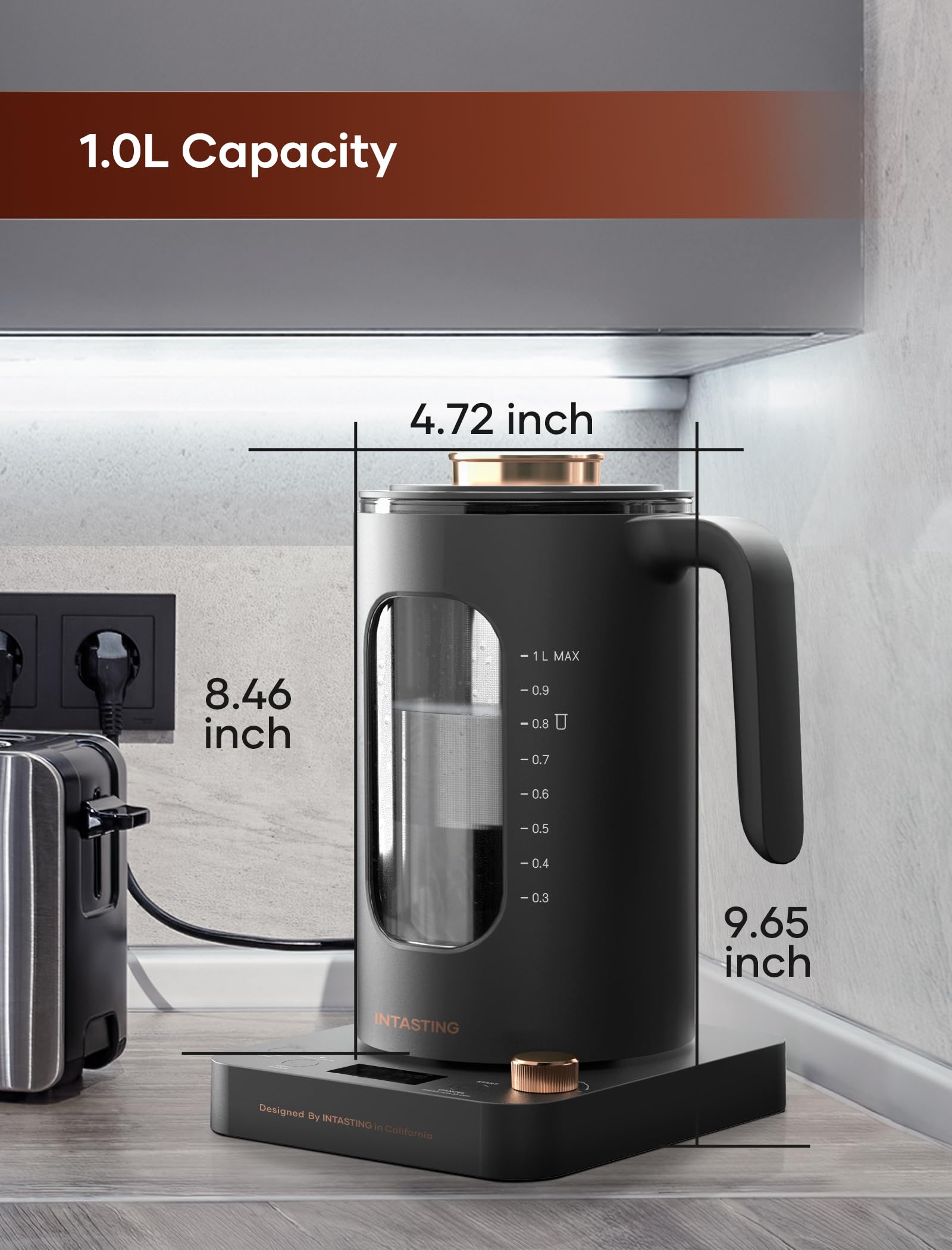 Electric Tea Kettle, INTASTING Glass Electric Kettle with tea Infuser and Precise knob temperature control, 1200W Fast Heating, BPA-Free, Easy to Clean, for Tea and coffee, Dark Grey