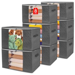 96l 8 pack large storage bags,storage bins with lids and handle,clothes storage bins foldable closet organizers storage containers for clothing, blanket, comforters, bed sheets, pillows and toys