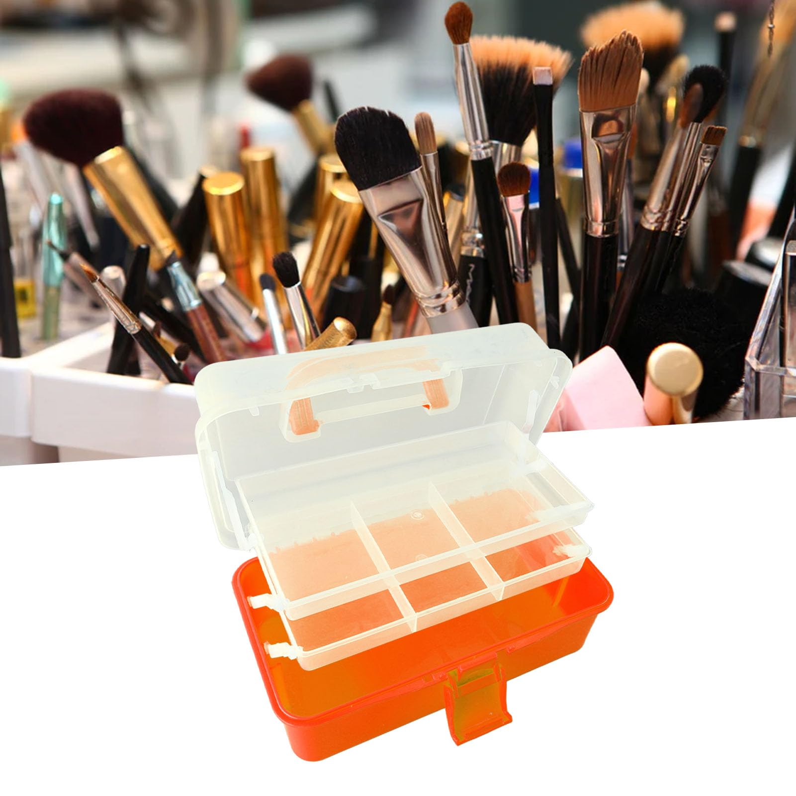 Three-Layer Clear Plastic Storage Box, Craft Organizer Folding Craft Organizer with Handle Organizer Box for Sewing Art and Cosmetic(Orange)