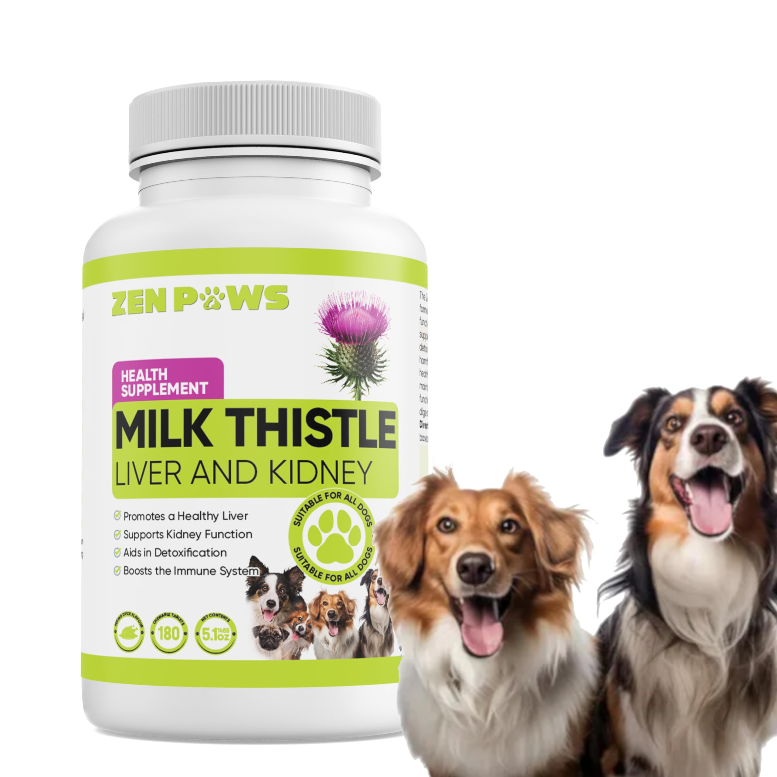 Zenpaws Milk Thistle for Dogs - 180 Chewable Tablets - Canine Liver and Kidney Support Supplement for Dogs - Detox for Dogs - Liver Supplement for Dogs, 800 mg