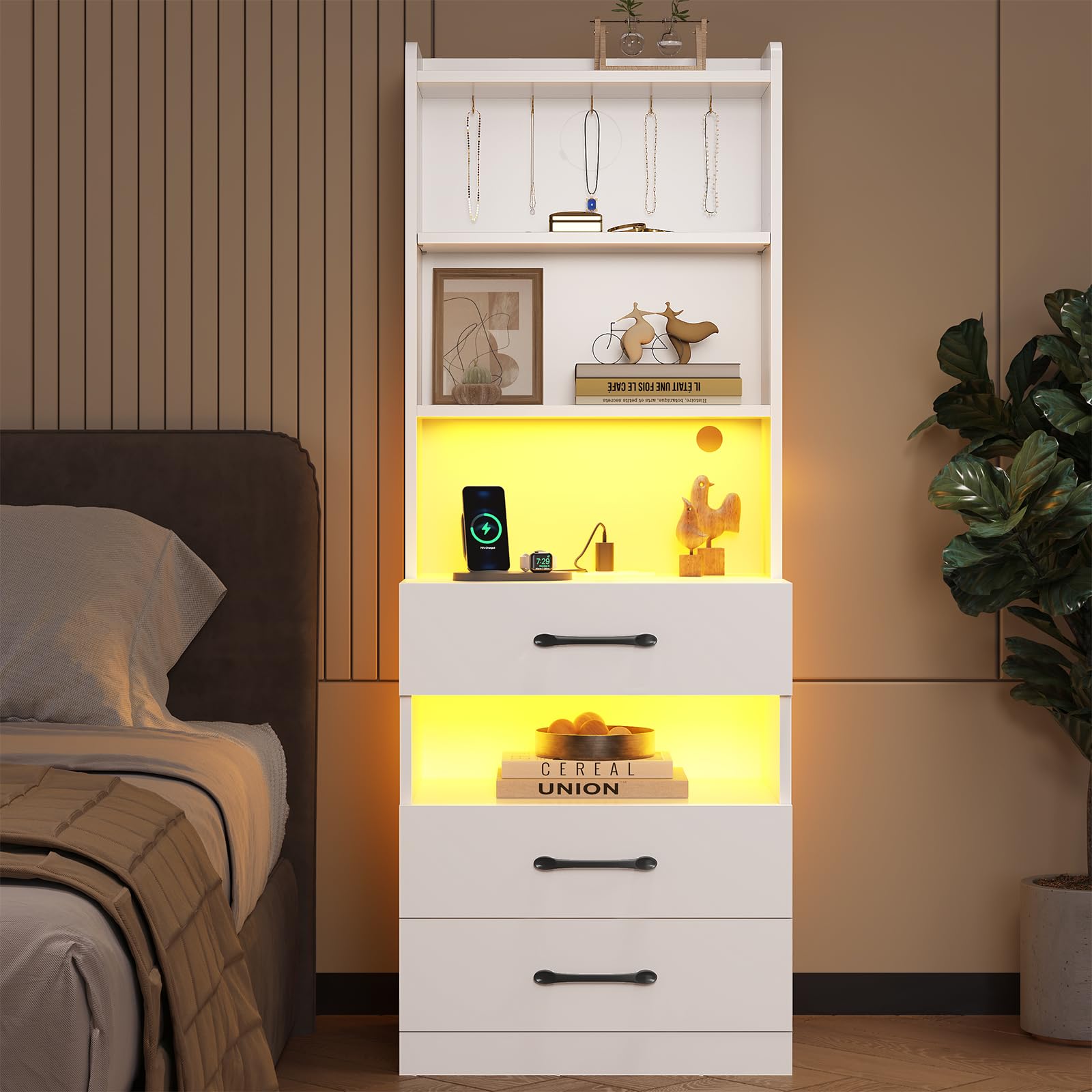 VIAGDO Tall Nightstand with Charging Station and LED Lights, Large White Night Stand with Bookshelf, Modern LED Bedside Table with 3 Drawers and Storage Shelves, End Side Table for Bedrooms, Dorms