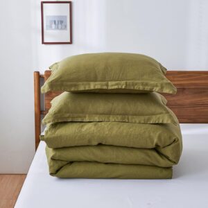 Generic Olive Green Color Linen Duvet Cover 3 PCS Set, Custard Boho Bedding Duvet Cover Uo Bedding Washed Duvet Cover Queen King Twin Double Bedding Set Linen Duvet Cover Set (California King 98X104)