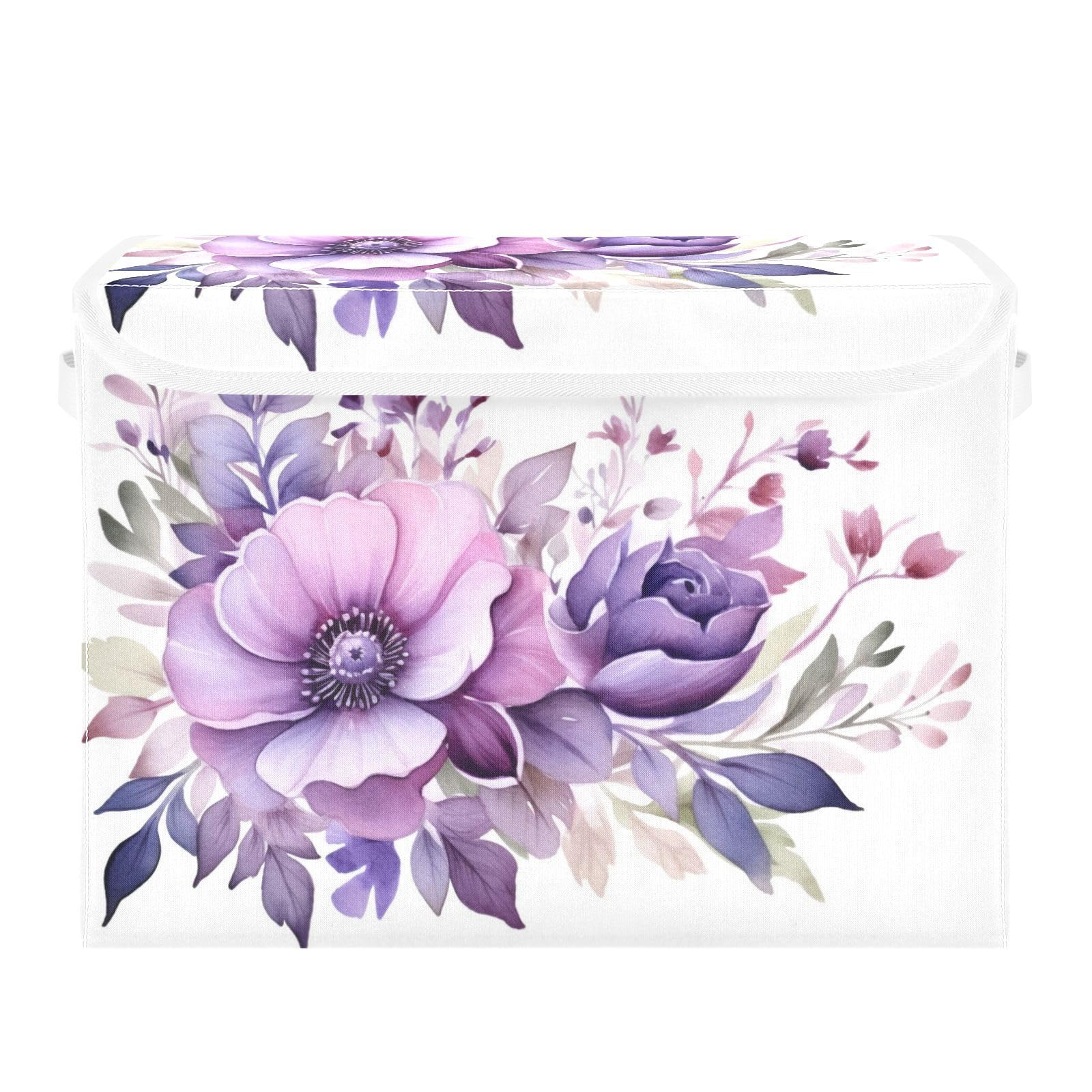 senya Baskets Collapsible Storage Bins with Lids, Purple Rose Leaves Storage Boxes Clothes Baskets for Organizing