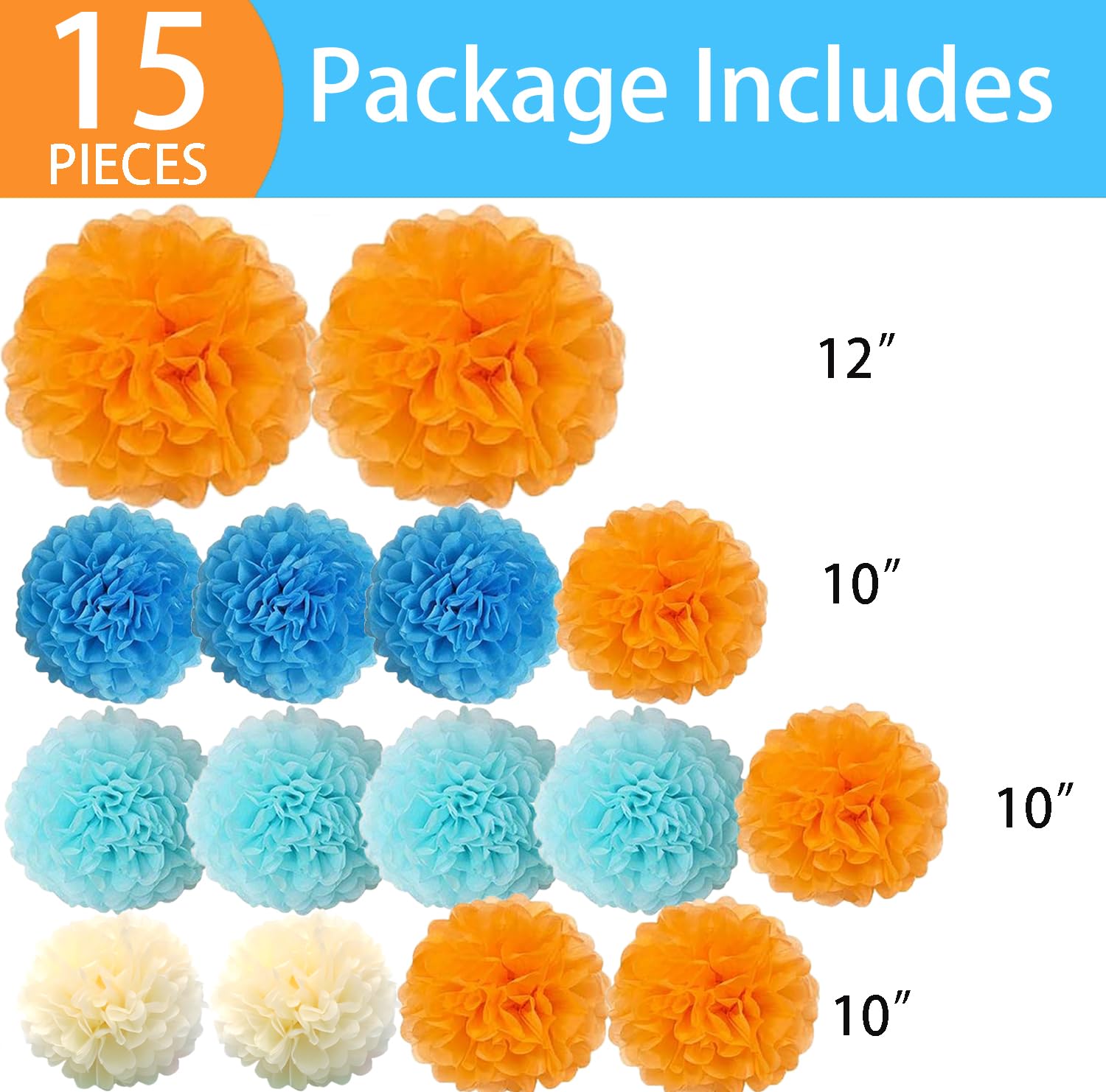 15PCS Light Aqua Blue Orange Party Hanging Paper Flowers Pom Poms Decorations for Backdrop Centerpieces Boys Girls Blue Dog Birthday Baby Shower Graduation Nursery Wall Décor