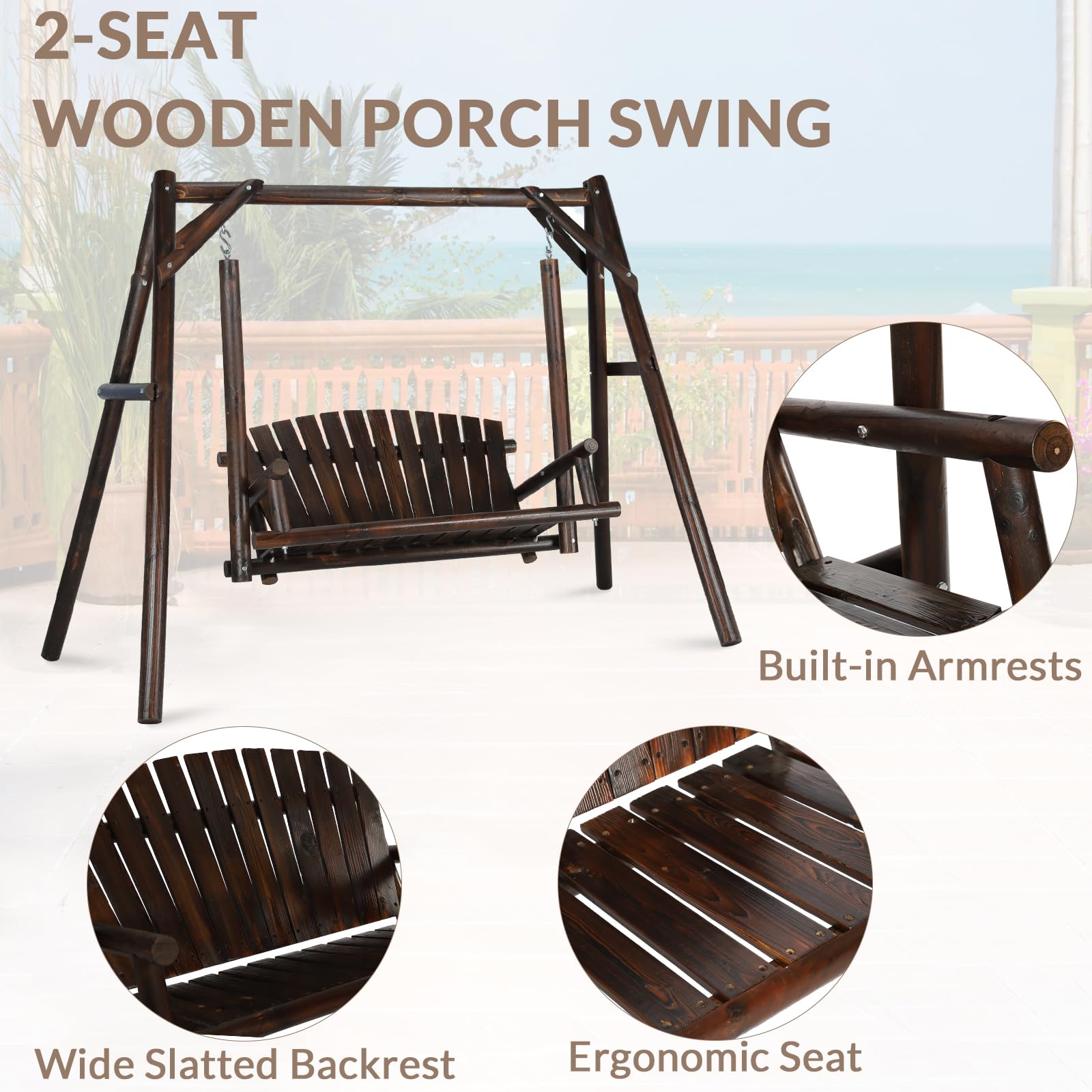 EPICOZY 2-Seat Porch Swing, Wooden Log Patio Swing Chair Bench with Stand, Rustic Hardwood Swing Chair with Curved Back, Wood Seating Porch Swings for Outside Yard, Garden, Deck, Poolside, Carbonized