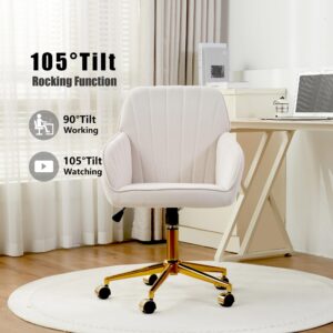 YITAI Velvet Office Desk Chair with Wheels and Gold Base,Modern Height Adjustable 360 Degree Swivel Upholstered Vanity Chairs with Arms for Living Room Bedroom, Study,Cream