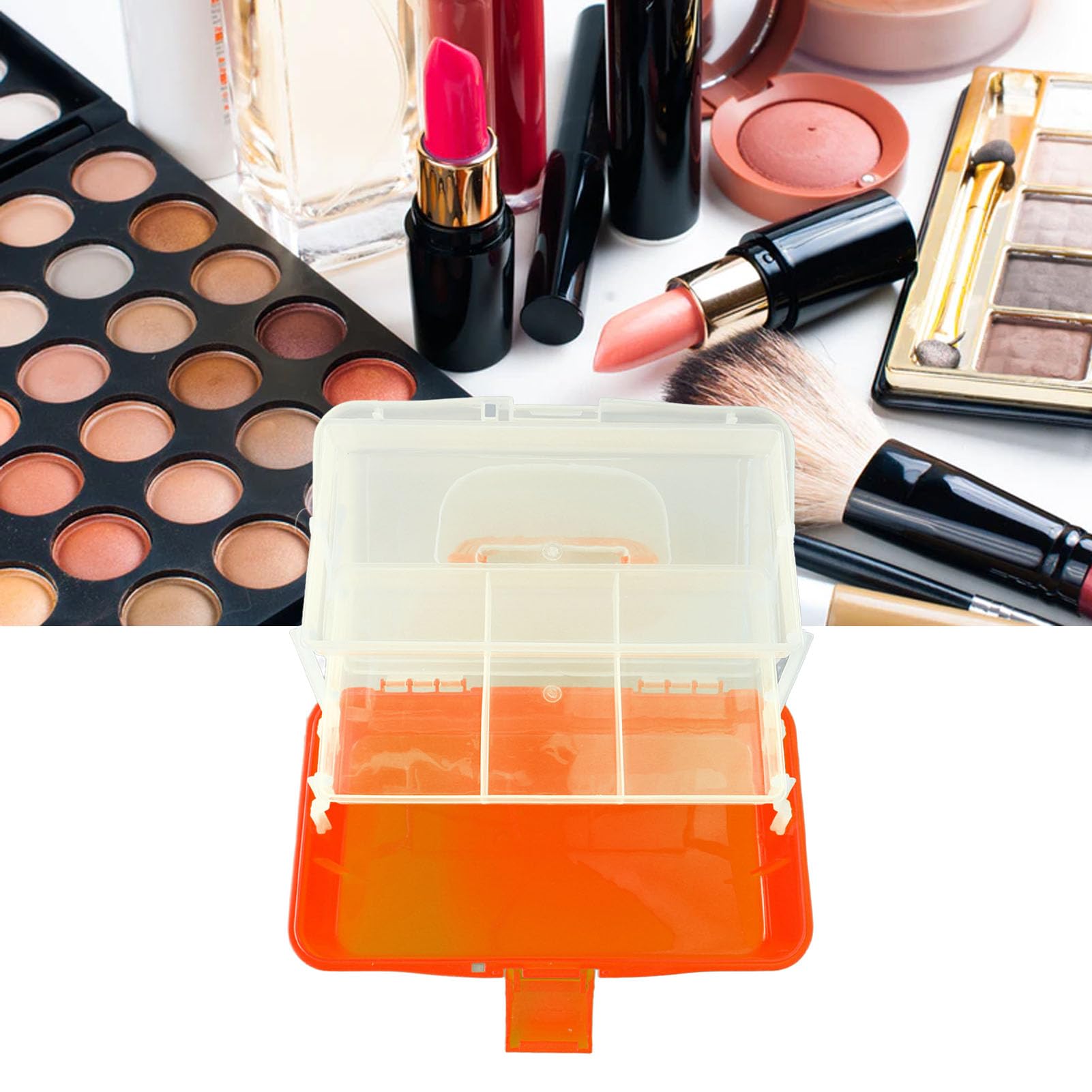 Three-Layer Clear Plastic Storage Box, Craft Organizer Folding Craft Organizer with Handle Organizer Box for Sewing Art and Cosmetic(Orange)