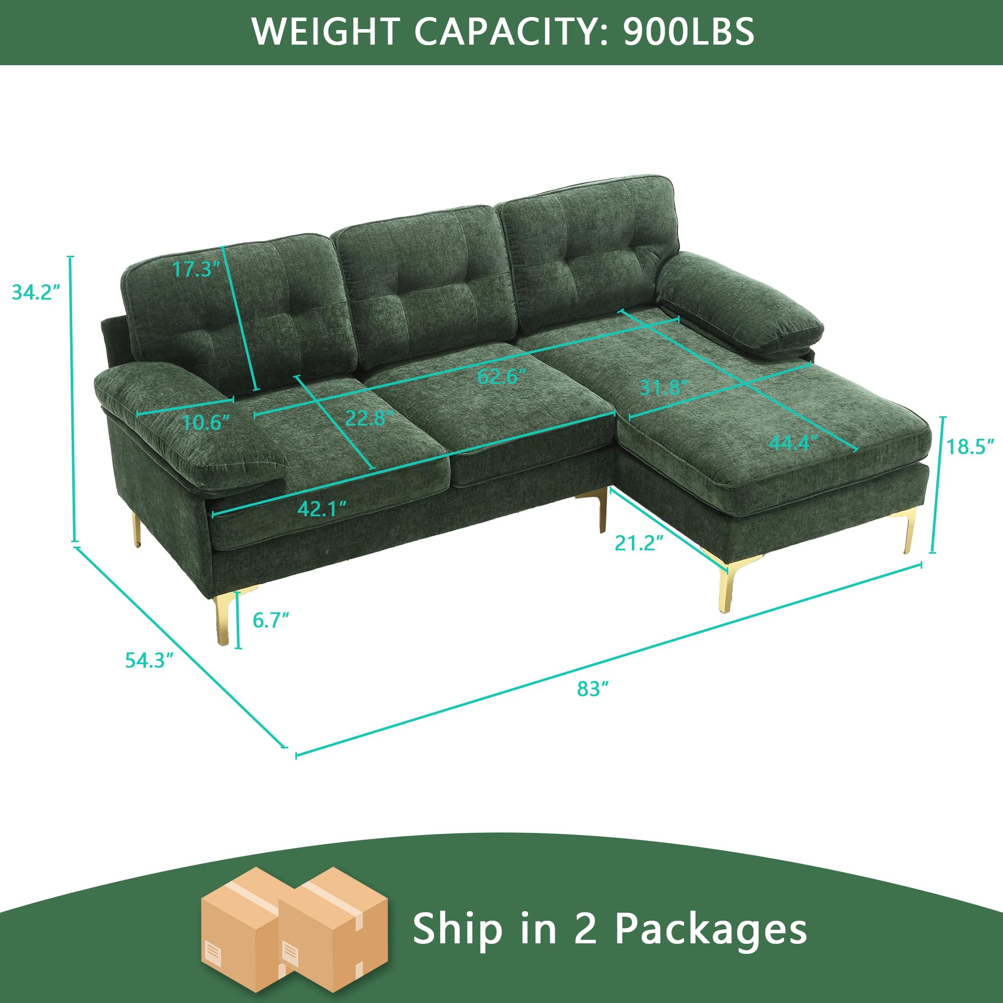 GNIXUU Convertible 83" L-Shaped Sofa Couch, Modern Chenille Sectional Sofa with Chaise, Upholstered 3 Seater Couch for Living Room, Apartment, Office, Small Place(Green)