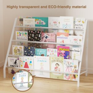 High-Transparent 4 Tier Kids Bookshelf, Sturdy Metal Large Size Book Rack Storage for Kids - Toddler Book Shelf Display for Nurasery, Playroom or Kids Room, Deep Size Bookshelf Hold More Books