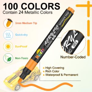 NICETY 100 Colors Acrylic Paint Pens Paint Markers, 3mm Medium Tip Paint Markers for Rock Painting, Canvas, Wood, Stone, Ceramic, Glass, Fabric, DIY Crafts & Art Supplies