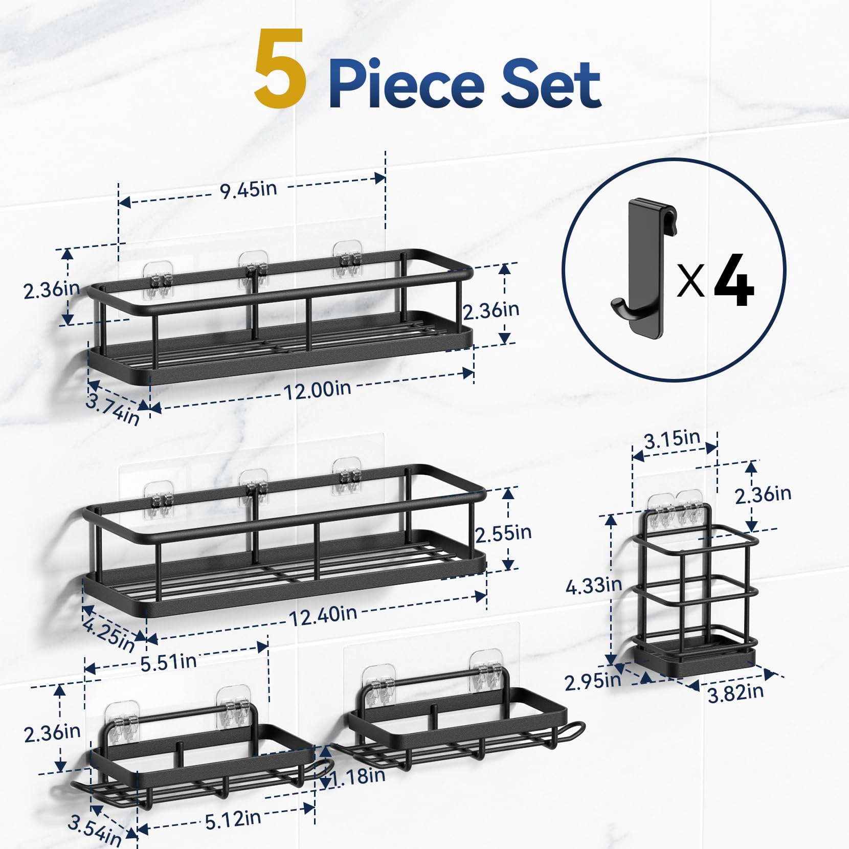YASONIC Shower Caddy Adhesive 5 Pack, No Drill Bathroom Shower Organizers with Removable Hooks, Rust Proof Shower Shelves for Inside Shower, Wall-Mounted Shower Holder, Black