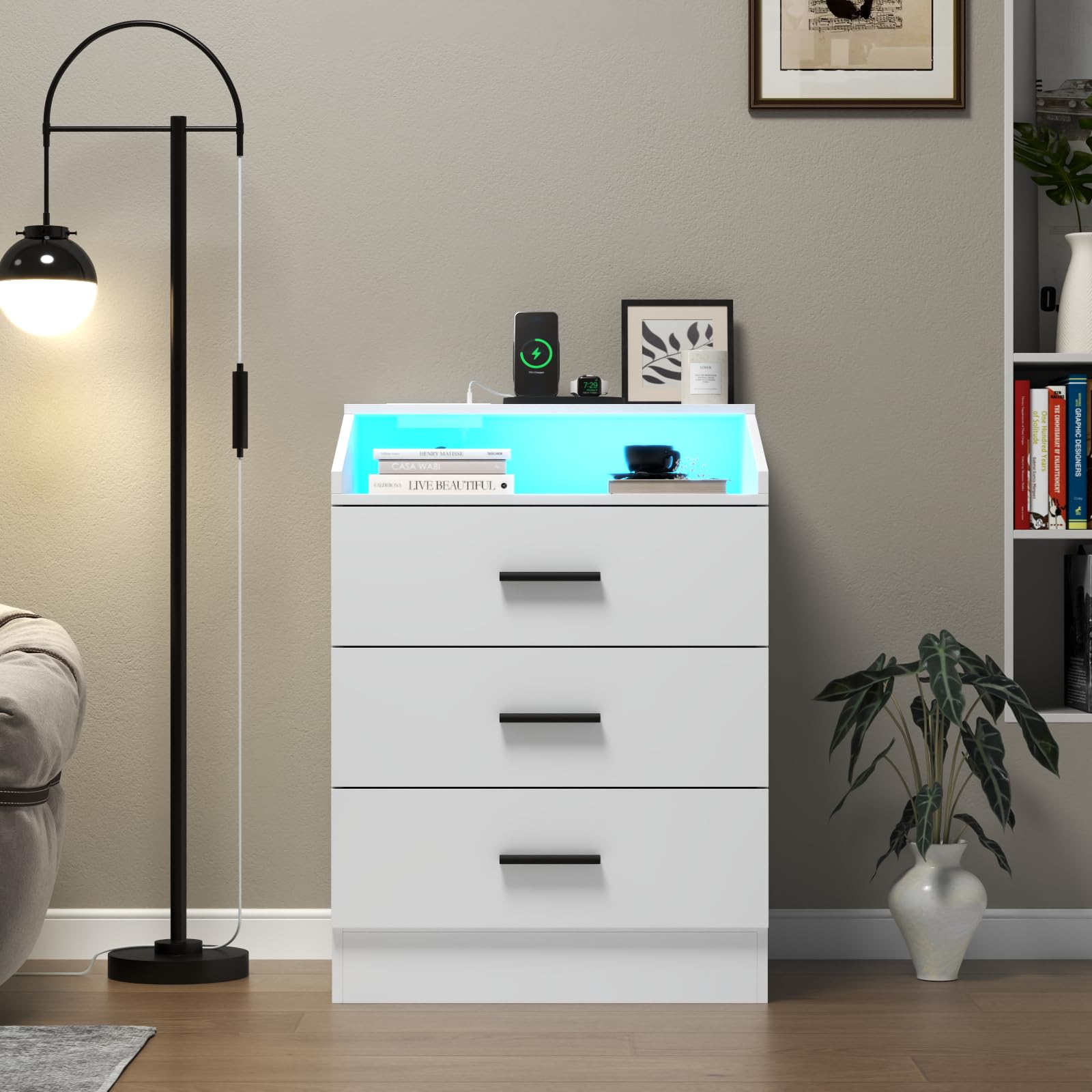 Gyfimoie 3 Drawer Dresser for Bedroom with Power Outlet, White Dresser with LED Light, Modern Dressers with Open Storage Cubby, Chest of Drawers Storage Organizer for Hallway, Living Room (White)…