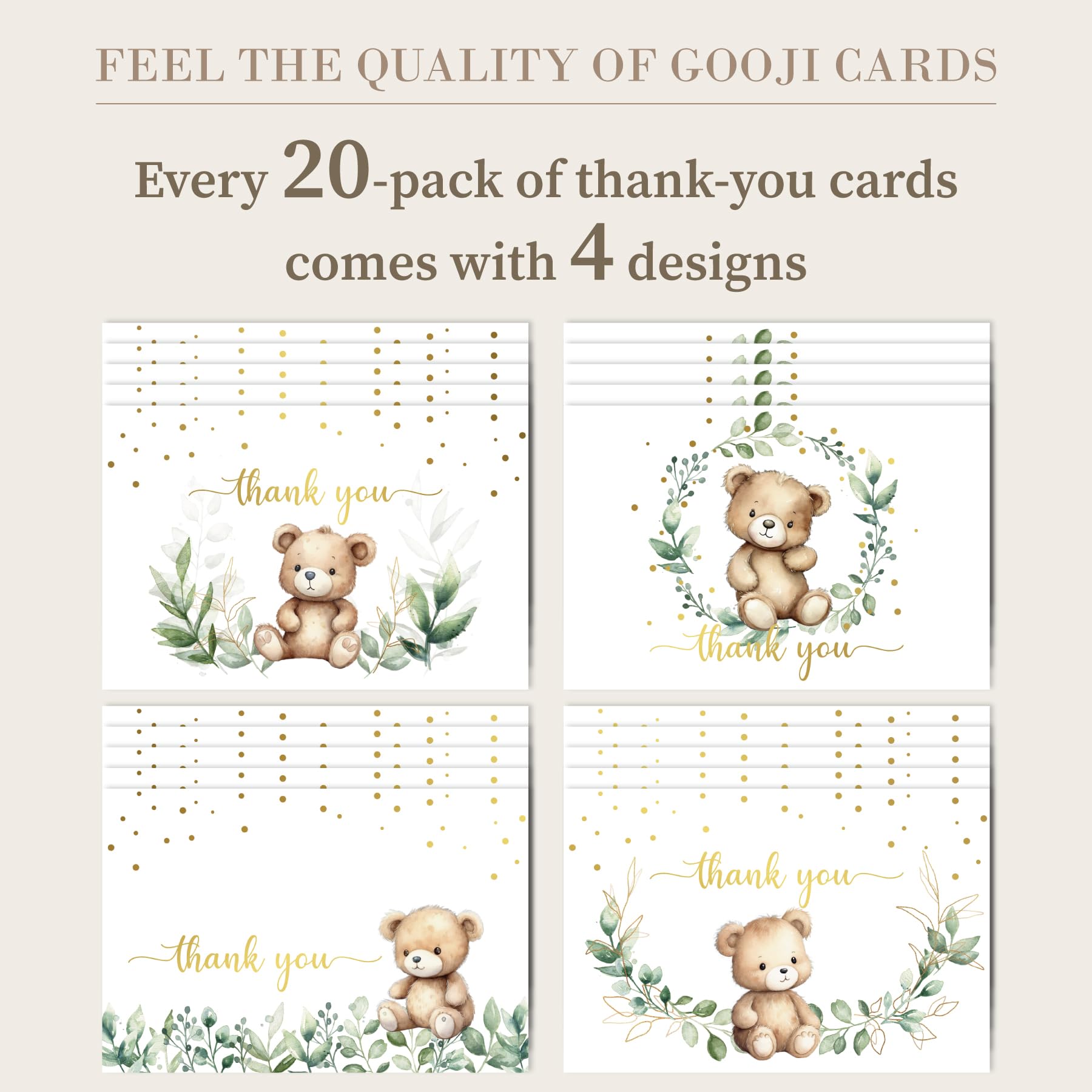 4x6 Greenery Teddy Bear Thank You Cards (Bulk 20-Pack) Baby Shower Thank You Cards with Envelopes, Birthday Party, Weddings, Greeting, Blank Notes, Girl Boy, Gold, Rustic, We can bearly wait