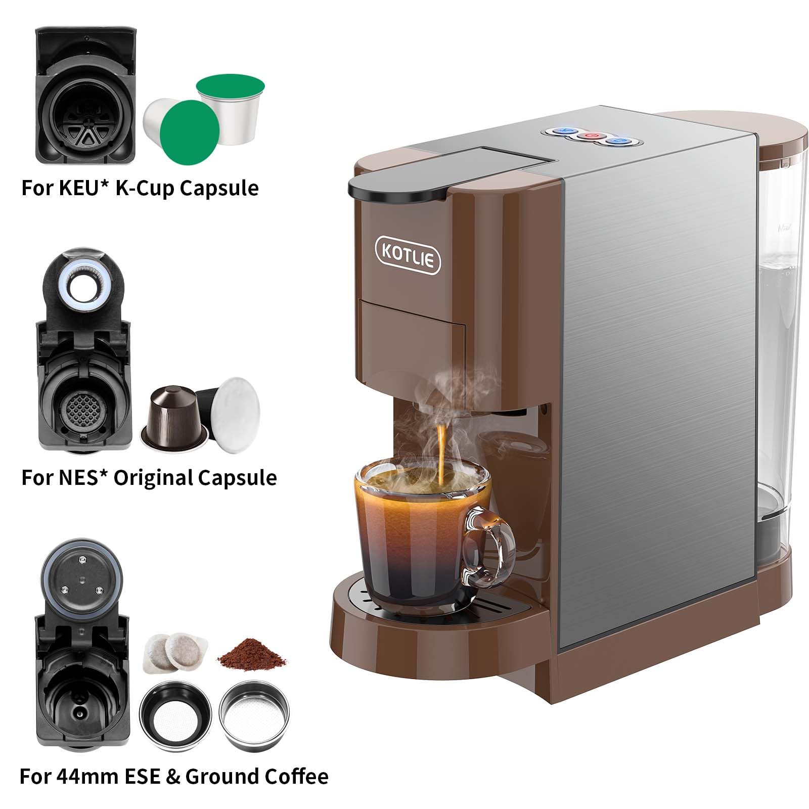 KOTLIE Multifunctional 4in1 Espresso Machine, 19Bar Pressure Single Serve Coffee Maker for NES* Original/Kcup Capsule/L’OR NES* Original Capsule/illy 44mm ESE coffee bag/Ground Coffee (AC-513H)