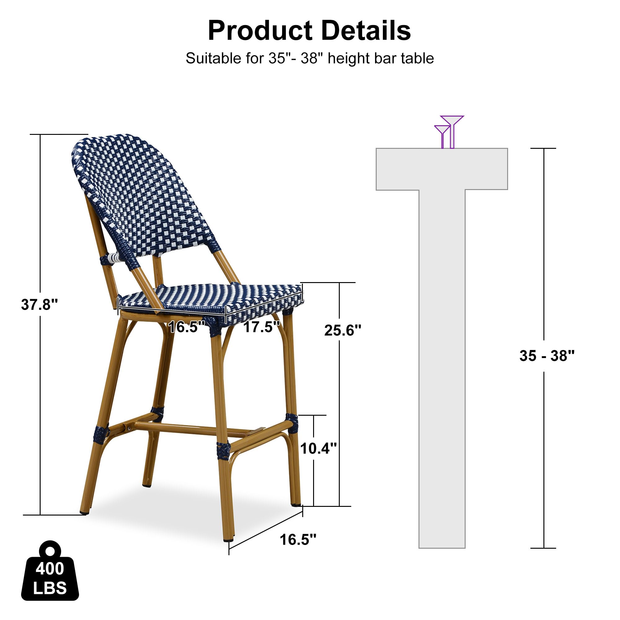 PURPLE LEAF French Country Outdoor Counter Height Bar Stools Set of 2 Patio Wicker 26 Inch High Bar Stool Chairs Metal Rattan Barstools with Ergonomic Backs for Garden Indoor Kitchen Island, Navy Blue