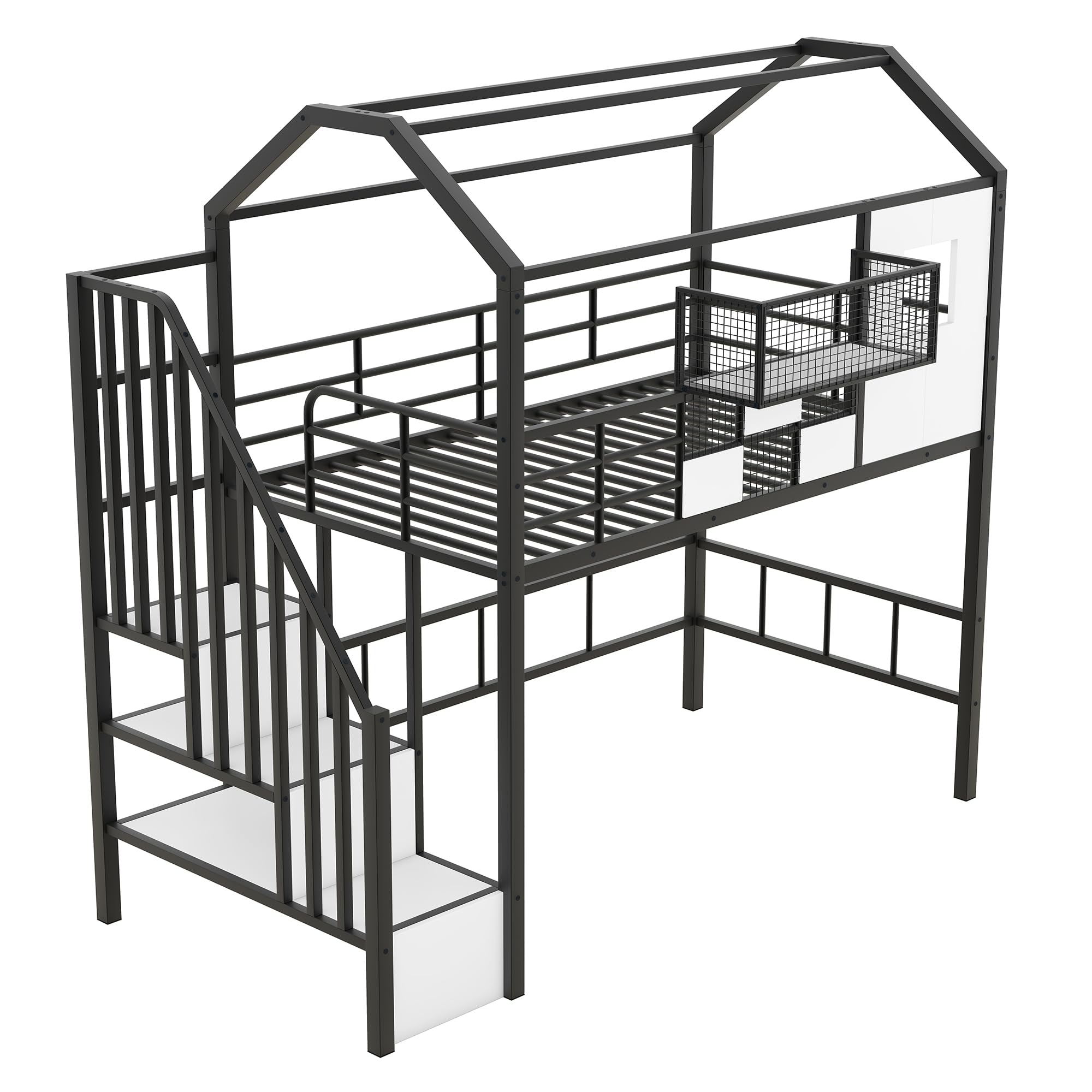 Twin Loft Bed with Storage Stairs, Roof, Window and Guardrail, House Loft Bed Twin Size/Metal Loft Bed with Storage Box, Twin Loft Bed for Kids, Girls Boys, Twin Size House Loft Bed Black