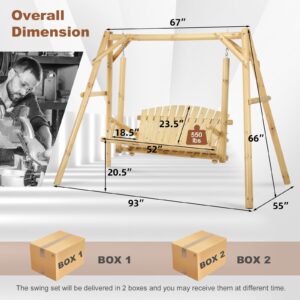 HOMEDIARY Wooden 2-Seat Porch Swing with A-Frame Stand, Outdoor Patio Swing Chair Bench w/Slatted Design, Outside Swing Bench w/550lbs High Capacity for Garden Patio Backyard Porch, Natural