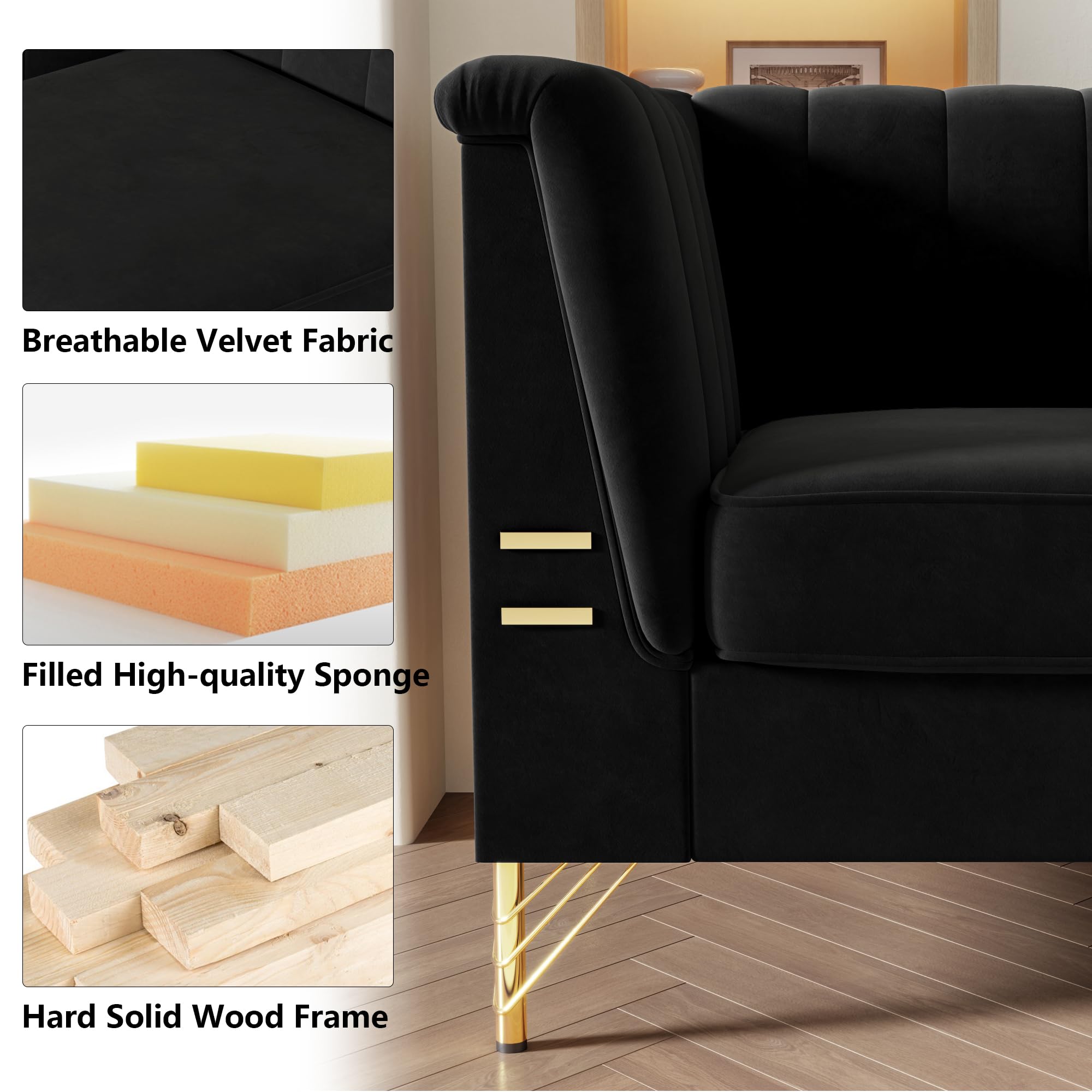 mikibama Modern Velvet Sofa, 83 Inch Chesterfield Sofa Couch, Luxury 3 Seater Comfy Couch with Gold Metal Legs for Living Room, Bedroom, Apartment (Black)