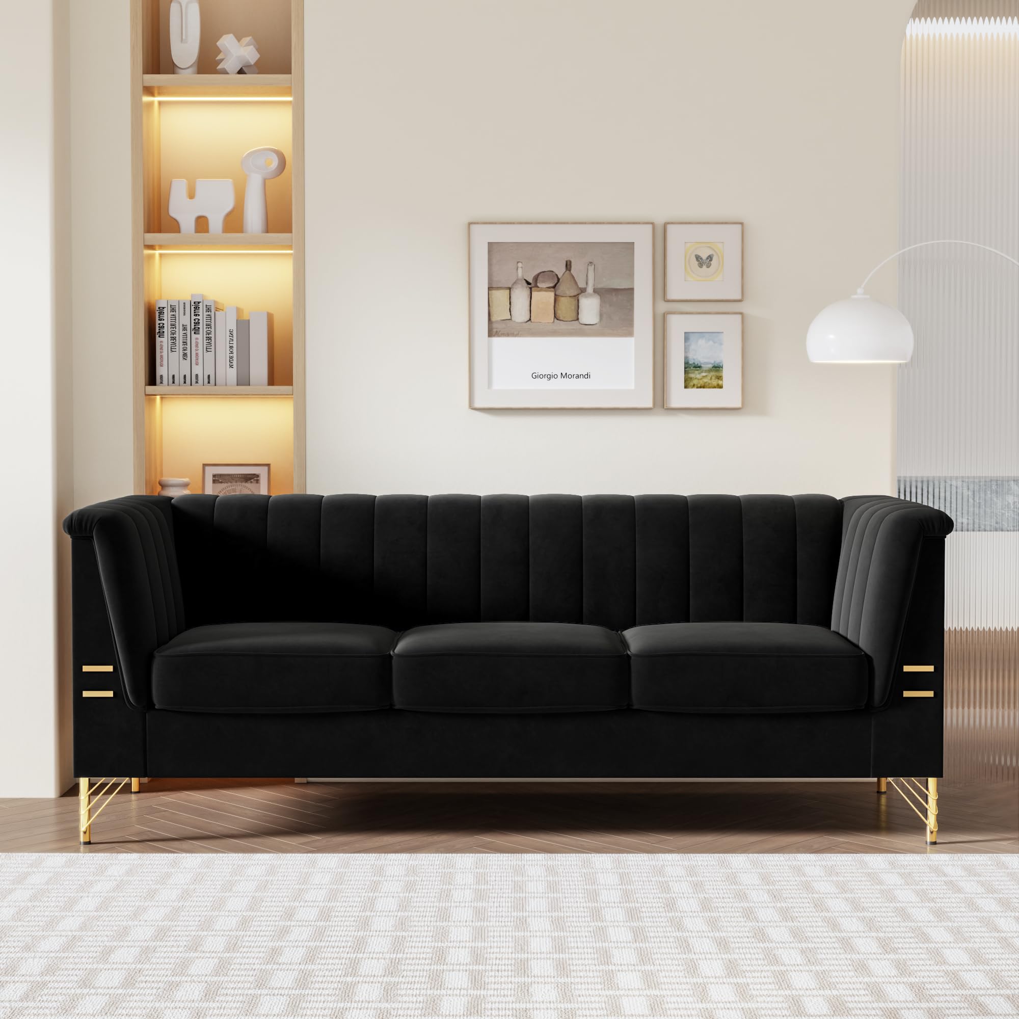 mikibama Modern Velvet Sofa, 83 Inch Chesterfield Sofa Couch, Luxury 3 Seater Comfy Couch with Gold Metal Legs for Living Room, Bedroom, Apartment (Black)