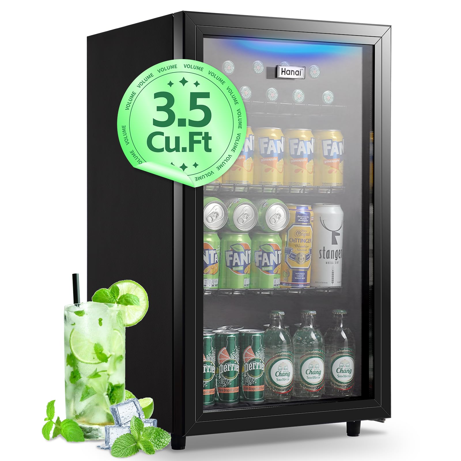 WANAI Beverage Refrigerator Cooler 3.5 Cu.Ft, 120 Can Mini Small Fridge with Glass Door LED Light and Adjustable Shelves for Soda Beer or Wine, Perfect for Home Bar Office, Black