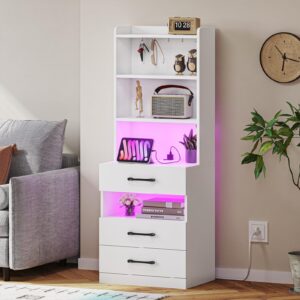 VIAGDO Tall Nightstand with Charging Station and LED Lights, Large White Night Stand with Bookshelf, Modern LED Bedside Table with 3 Drawers and Storage Shelves, End Side Table for Bedrooms, Dorms