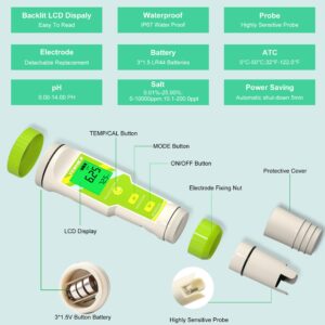Yewhick Pool Salt Tester pH Meter, Digital 5 in 1 pH EC TDS Temp Salinity Tester for Saltwater Pool Hot Tubs Spa Aquarium, pH and EC PPM Meter for Nutrients Growing