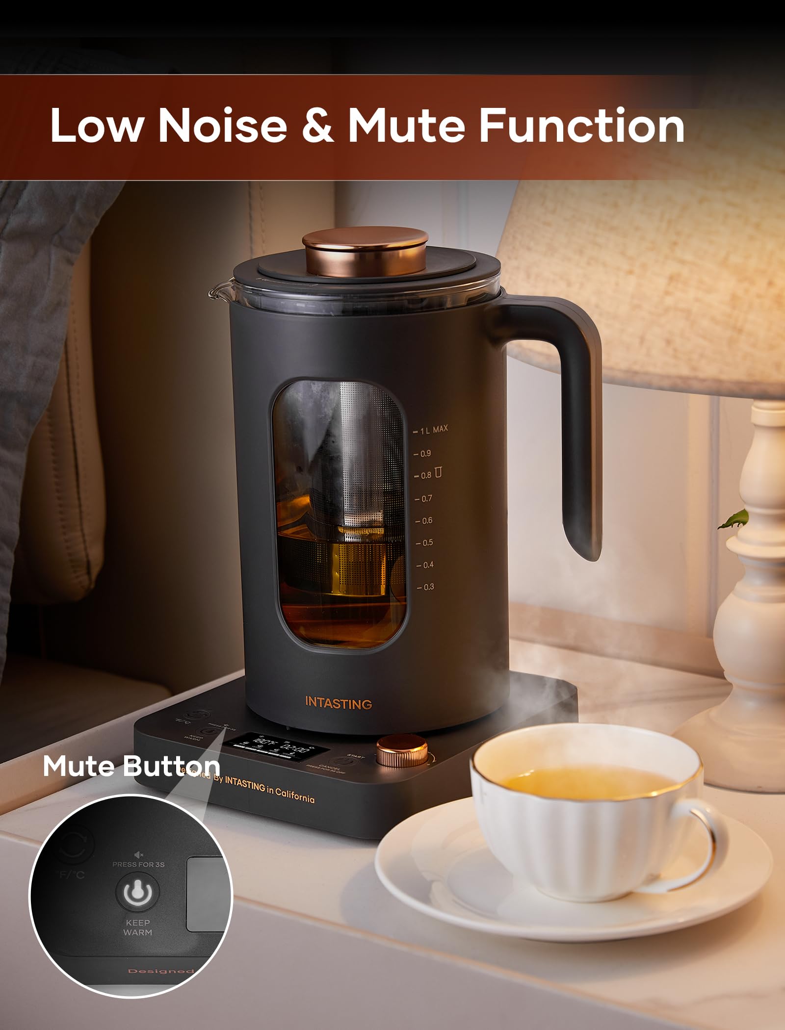 Electric Tea Kettle, INTASTING Glass Electric Kettle with tea Infuser and Precise knob temperature control, 1200W Fast Heating, BPA-Free, Easy to Clean, for Tea and coffee, Dark Grey