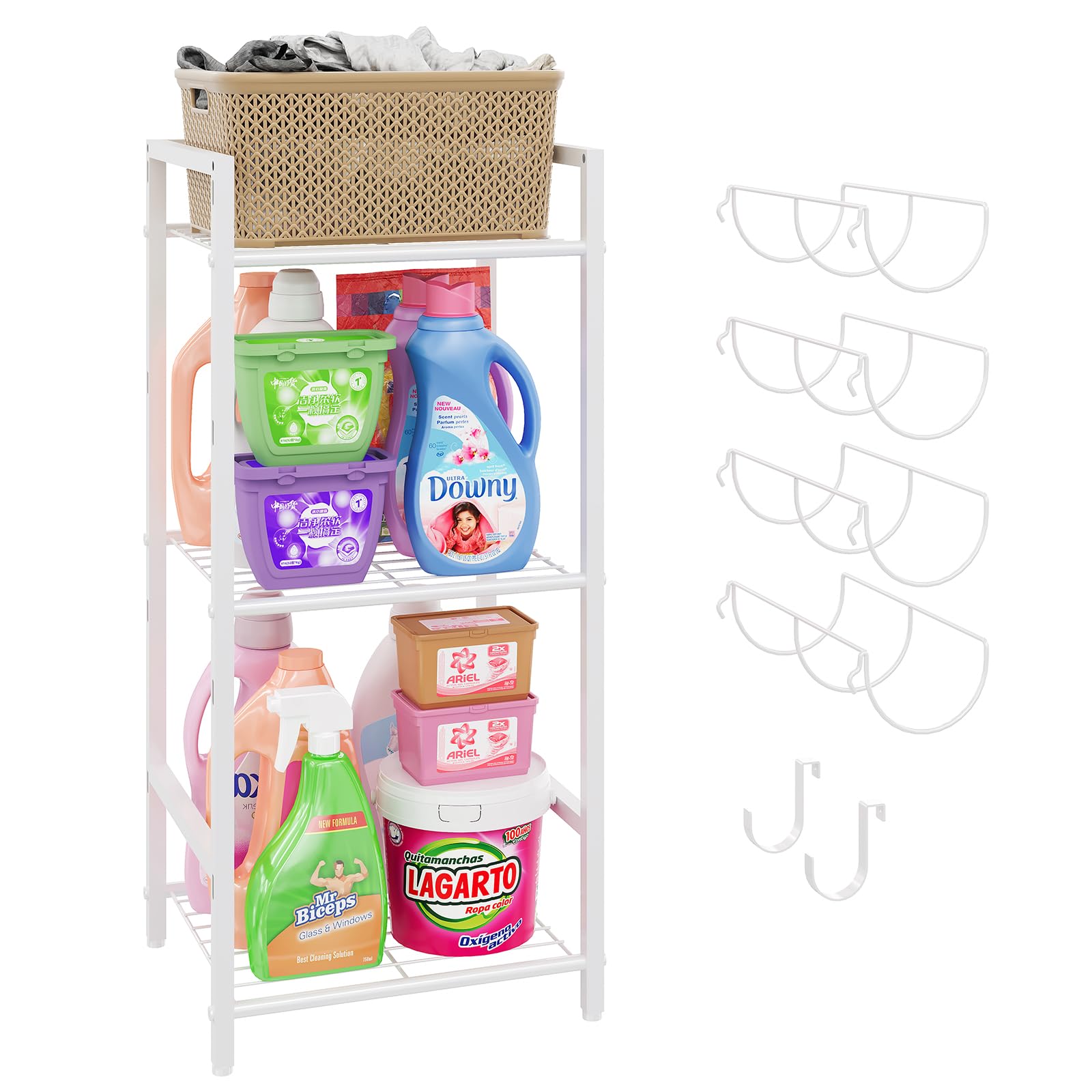 3 Tier Laundry Room Shelves,Multifunctional Shelving Units and Storage with 4 Bottles Storage Hooks and 2 Small Towel Hooks,Bearing Stronger Standing Shelf,White Laundry Room Organization Floor Shelf