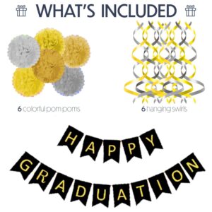 Graduation decorations class of 2024, Happy Graduation Banner with 6 Pom Poms 2 Gold 2 Yellow 2 Sliver, 6 Swirls 3 Gold 3 Sliver, Graduation party decorations 2023, Graduation Party Supplies 2024,