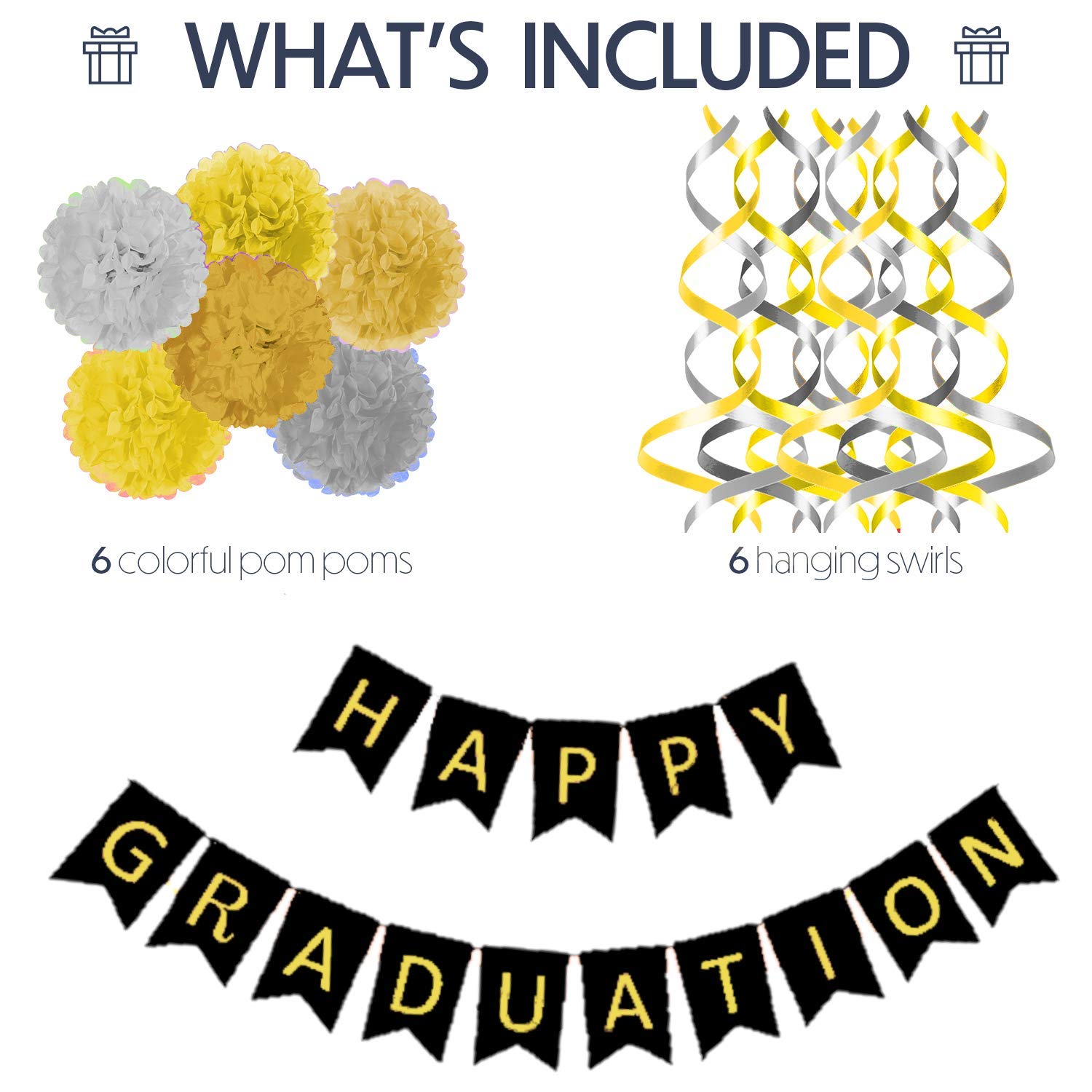 Graduation decorations class of 2024, Happy Graduation Banner with 6 Pom Poms 2 Gold 2 Yellow 2 Sliver, 6 Swirls 3 Gold 3 Sliver, Graduation party decorations 2023, Graduation Party Supplies 2024,