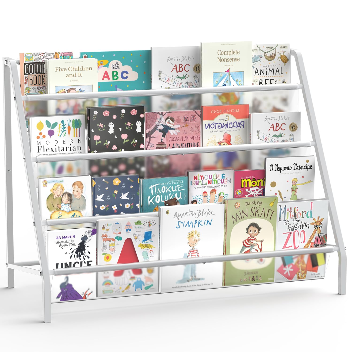 High-Transparent 4 Tier Kids Bookshelf, Sturdy Metal Large Size Book Rack Storage for Kids - Toddler Book Shelf Display for Nurasery, Playroom or Kids Room, Deep Size Bookshelf Hold More Books