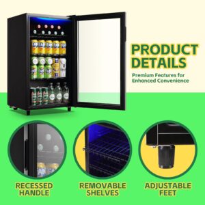 WANAI Beverage Refrigerator Cooler 3.5 Cu.Ft, 120 Can Mini Small Fridge with Glass Door LED Light and Adjustable Shelves for Soda Beer or Wine, Perfect for Home Bar Office, Black