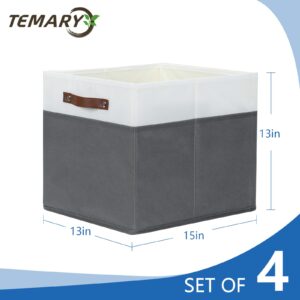 Temary Cube Storage Bins 4Pack Foldable Cube Baskets for Clothes Shelf Storage Basket with Handles, Storage Box Fabric Storage Organizer Bins for Home (White&Grey, 13x15x13 Inch)