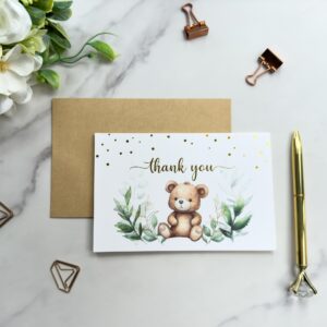 4x6 Greenery Teddy Bear Thank You Cards (Bulk 20-Pack) Baby Shower Thank You Cards with Envelopes, Birthday Party, Weddings, Greeting, Blank Notes, Girl Boy, Gold, Rustic, We can bearly wait