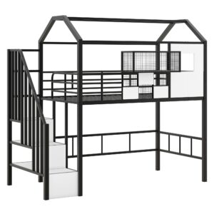 Twin Loft Bed with Storage Stairs, Roof, Window and Guardrail, House Loft Bed Twin Size/Metal Loft Bed with Storage Box, Twin Loft Bed for Kids, Girls Boys, Twin Size House Loft Bed Black