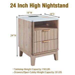 Nightstand with Charging Station, 18" Bedside Table with Faux Marble Top, 2 Drawers Night Stand Fluted Curved Wood End Table for Bedroom, Living Room, Modern Rustic Storage Cabinet, Natural Oak