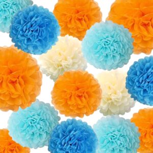 15pcs light aqua blue orange party hanging paper flowers pom poms decorations for backdrop centerpieces boys girls blue dog birthday baby shower graduation nursery wall décor