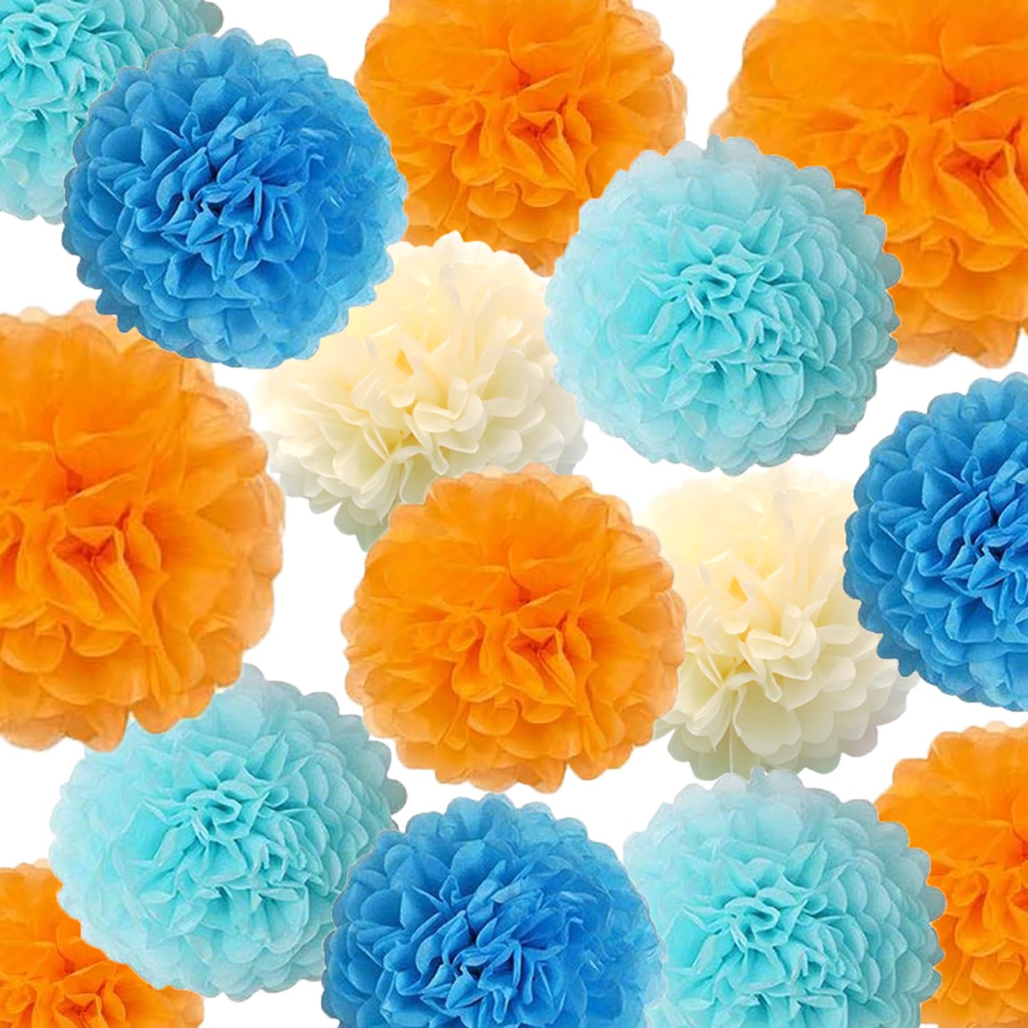 15PCS Light Aqua Blue Orange Party Hanging Paper Flowers Pom Poms Decorations for Backdrop Centerpieces Boys Girls Blue Dog Birthday Baby Shower Graduation Nursery Wall Décor