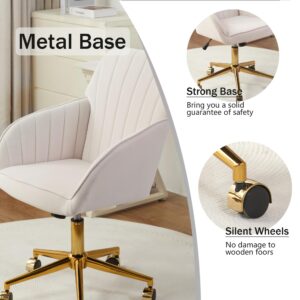 YITAI Velvet Office Desk Chair with Wheels and Gold Base,Modern Height Adjustable 360 Degree Swivel Upholstered Vanity Chairs with Arms for Living Room Bedroom, Study,Cream